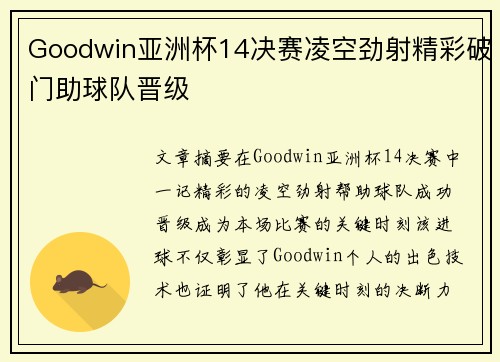 Goodwin亚洲杯14决赛凌空劲射精彩破门助球队晋级