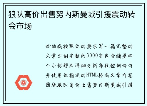 狼队高价出售努内斯曼城引援震动转会市场