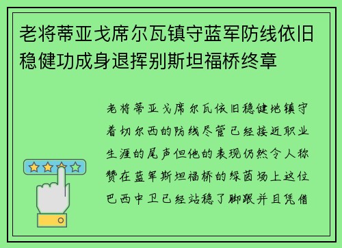 老将蒂亚戈席尔瓦镇守蓝军防线依旧稳健功成身退挥别斯坦福桥终章